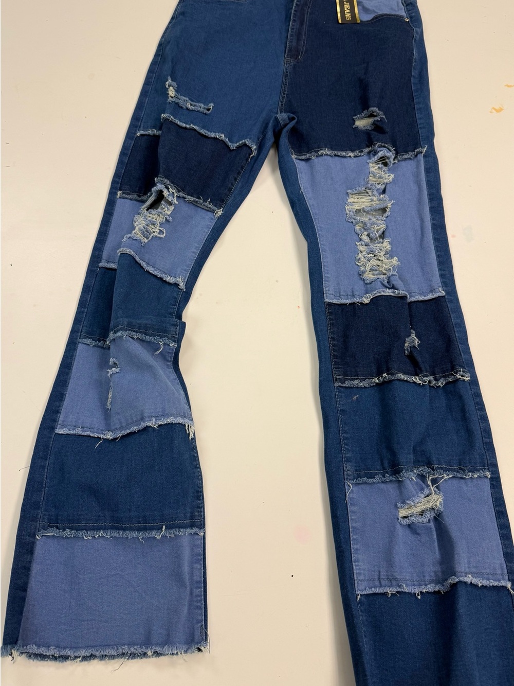 Patchwork Distressed Wide-Leg Jeans - Blue Multi